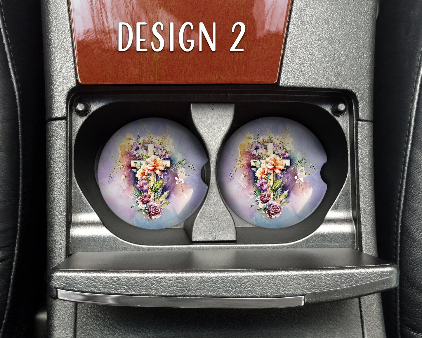 Watercolor Floral Crosses Art Car Coasters  - Matching Pair - Set of 2 - Four Designs Available