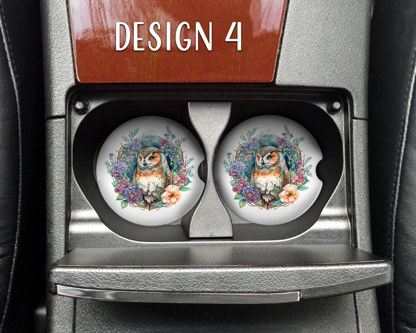 Watercolor Floral Owl Art Car Coasters  - Matching Pair - Set of 2 - Five Designs Available