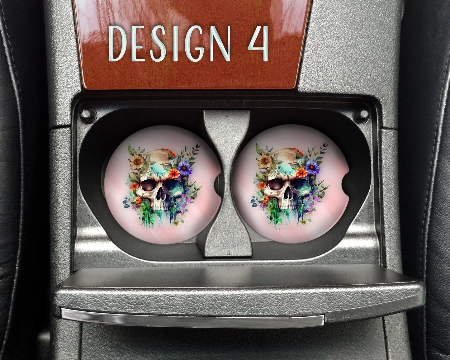 Watercolor Floral Skull Art Car Coasters  - Matching Pair - Set of 2 - Nine Designs Available