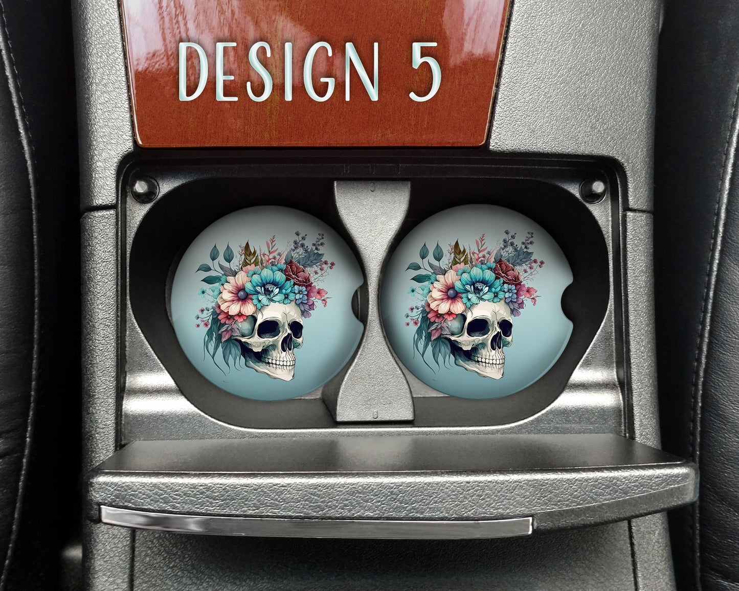 Watercolor Floral Skull Art Car Coasters  - Matching Pair - Set of 2 - Nine Designs Available