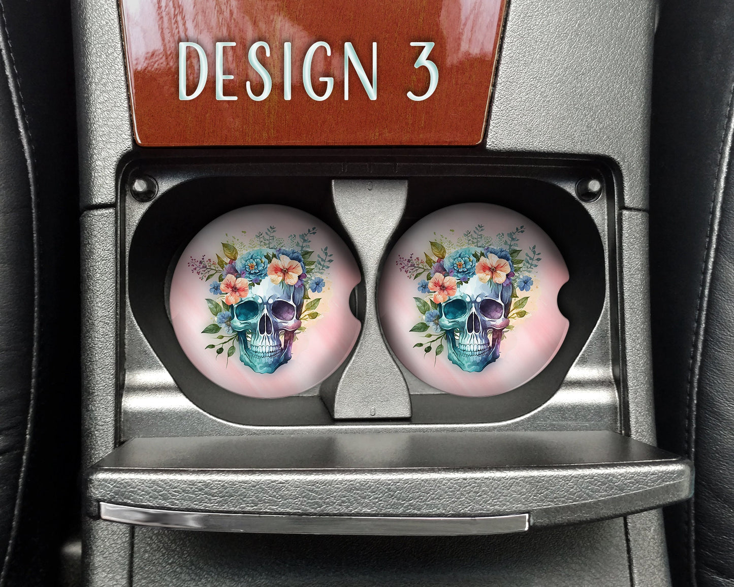 Watercolor Floral Skull Art Car Coasters  - Matching Pair - Set of 2 - Nine Designs Available