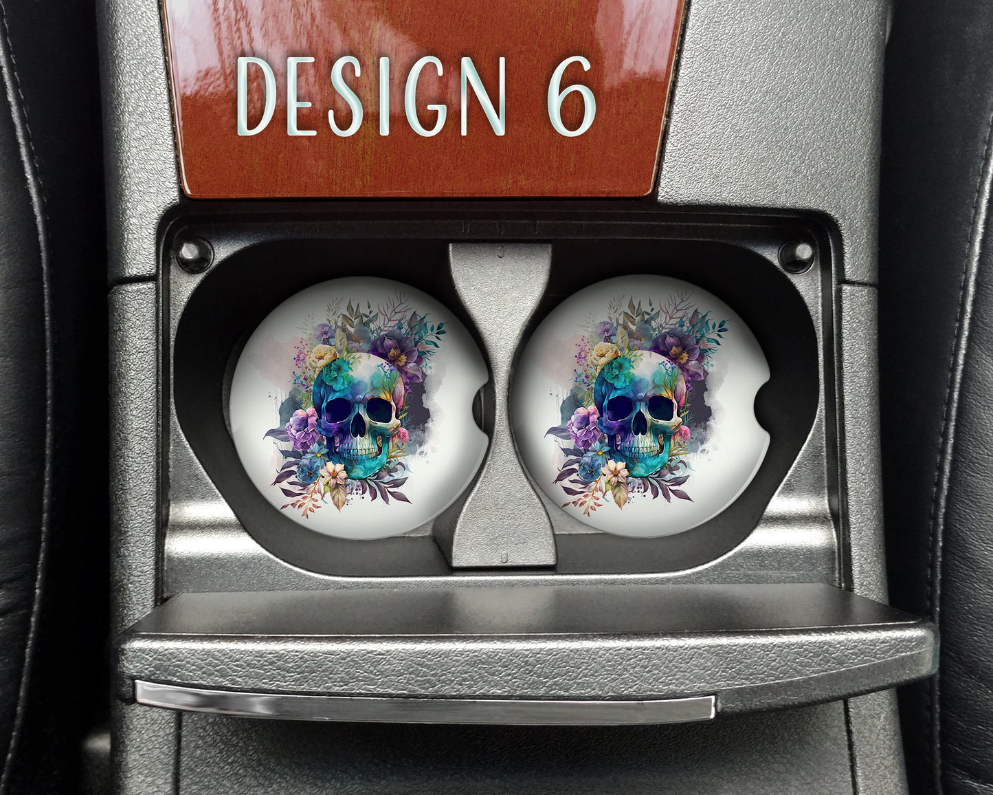Watercolor Floral Skull Art Car Coasters  - Matching Pair - Set of 2 - Nine Designs Available