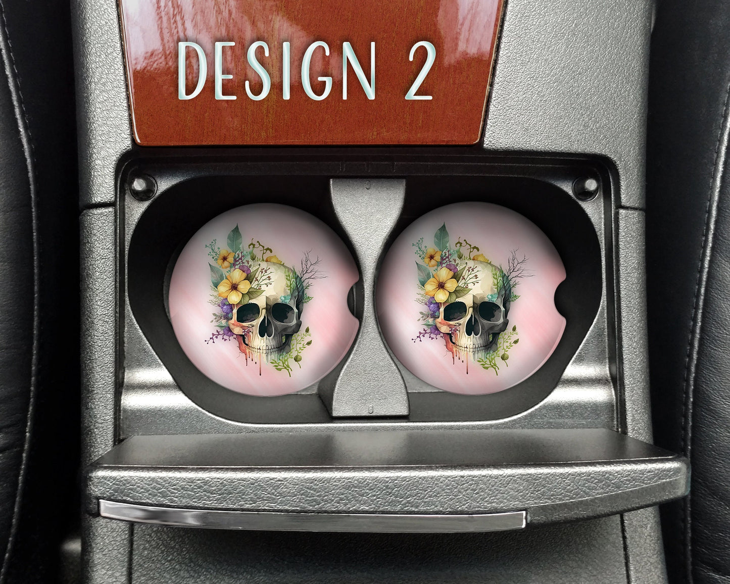 Watercolor Floral Skull Art Car Coasters  - Matching Pair - Set of 2 - Nine Designs Available