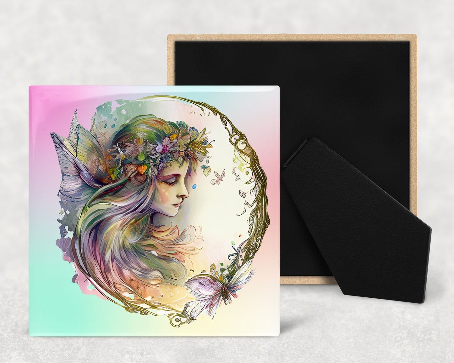 Fairy Wreath Art Decorative Ceramic Tile Set with Optional Easel Back - Available in 3