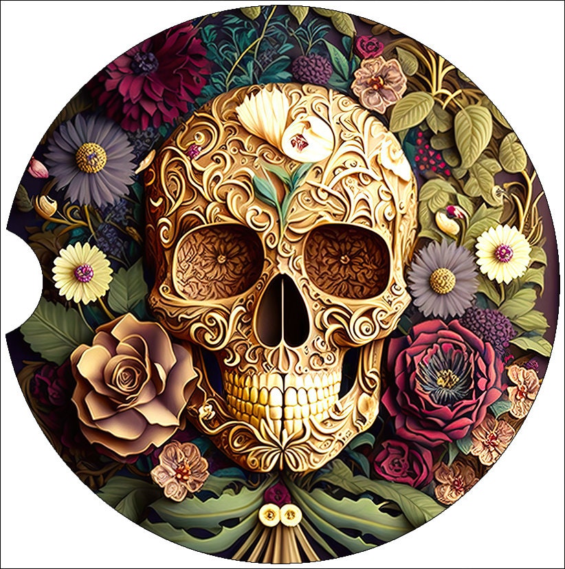 3D Effect Skull and Flowers  Art Car Coasters - Matching Pair - Set of 2