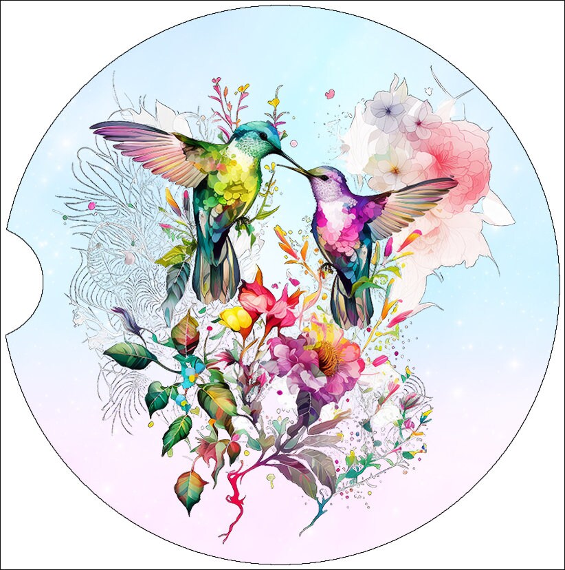 Watercolor Pastel Hummingbird  Car Coaster  - Matching Pair - Set of 2 - Four Design Choices