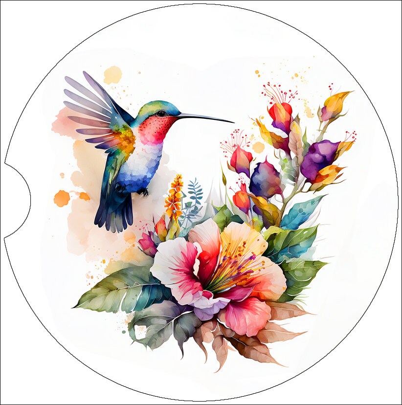 Watercolor Pastel Hummingbird  Car Coaster  - Matching Pair - Set of 2 - Four Design Choices