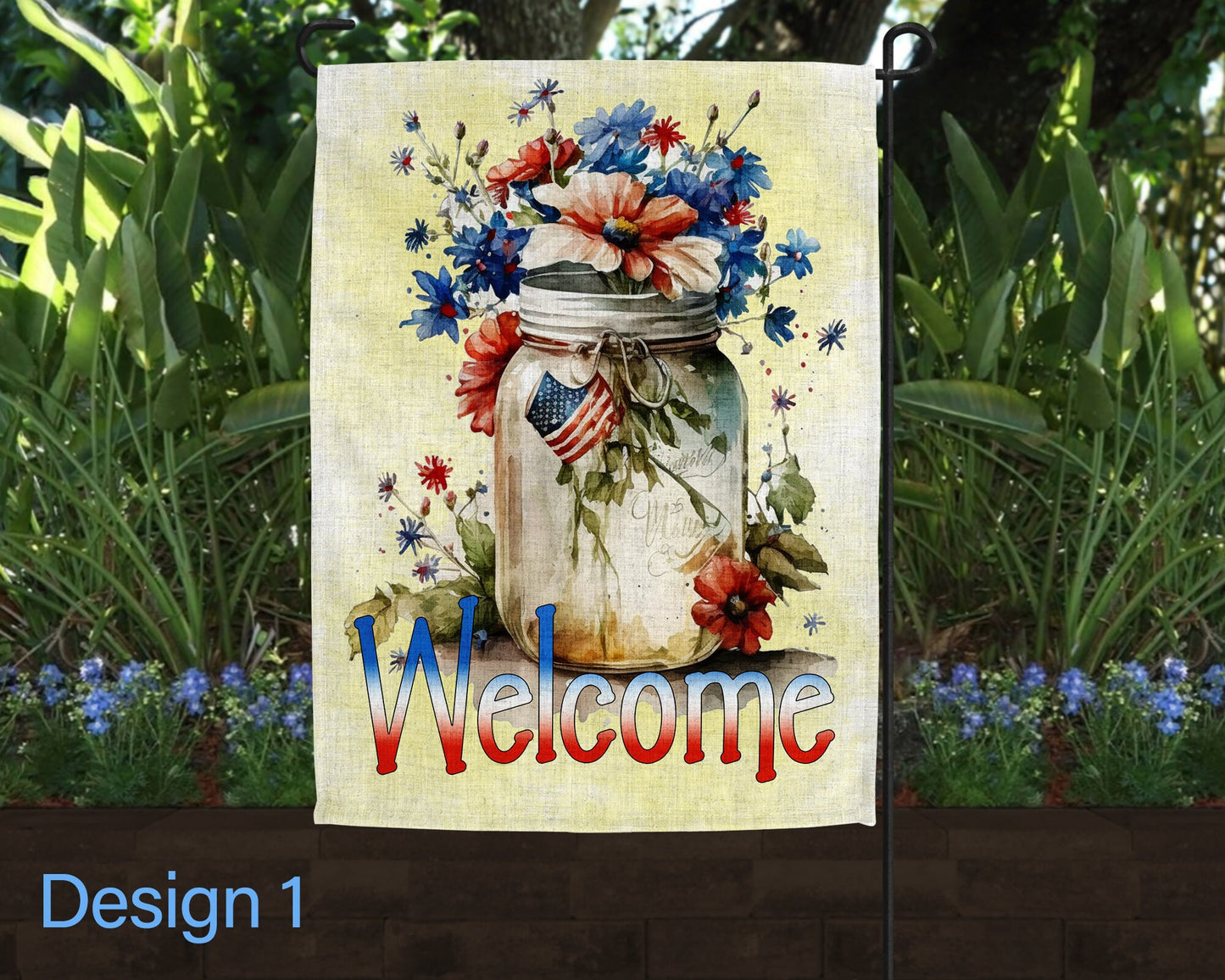 Welcome USA American Flag Floral Jar Art Linen Garden Flag - 3 Design Choices