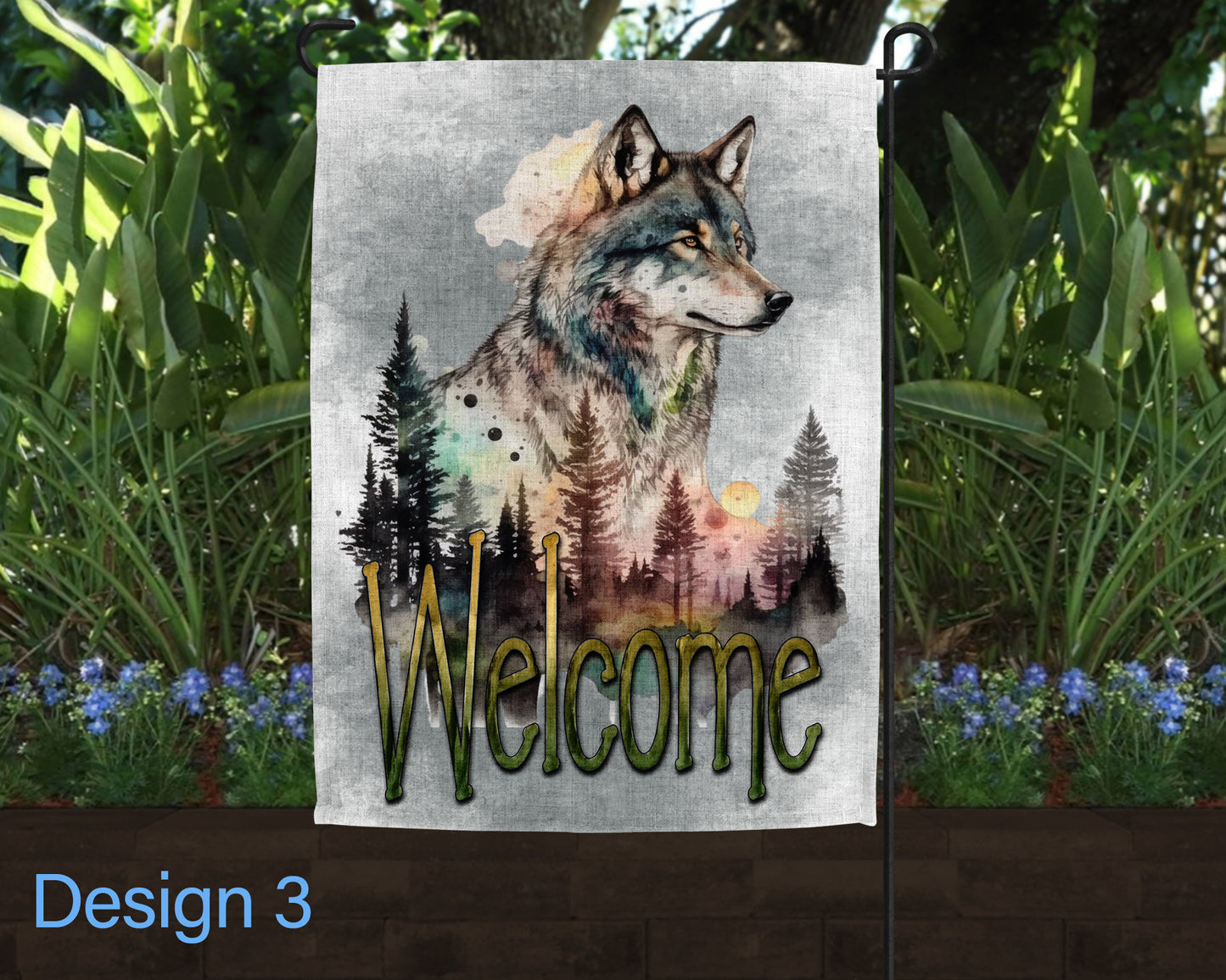 Welcome Watercolor Wolf Floral Jar Art Linen Garden Flag - 3 Design Choices