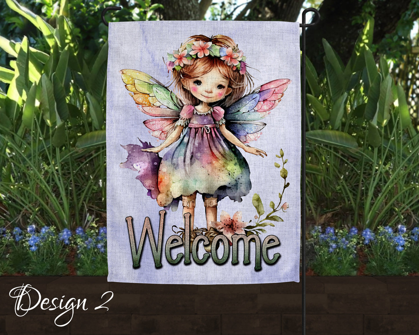 Cute Watercolor Fairy Garden Art Linen Garden Welcome Flag - 5 Design Choices