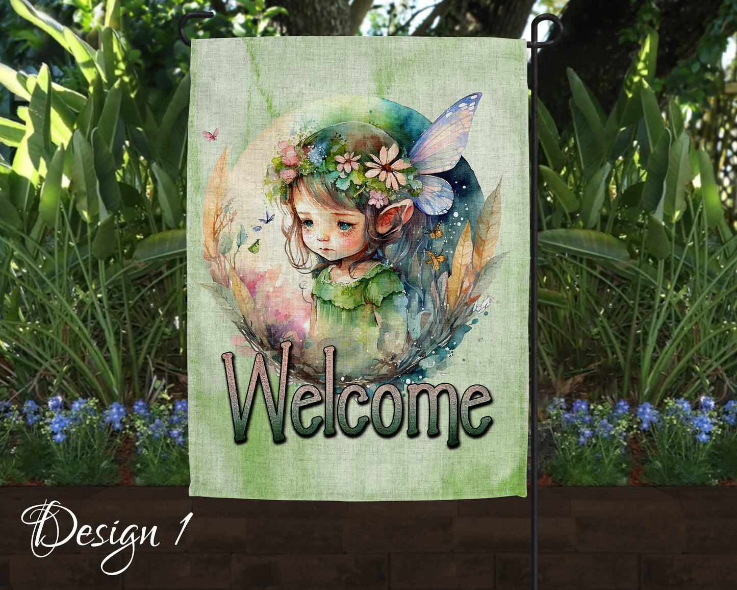 Cute Watercolor Fairy Garden Art Linen Garden Welcome Flag - 5 Design Choices