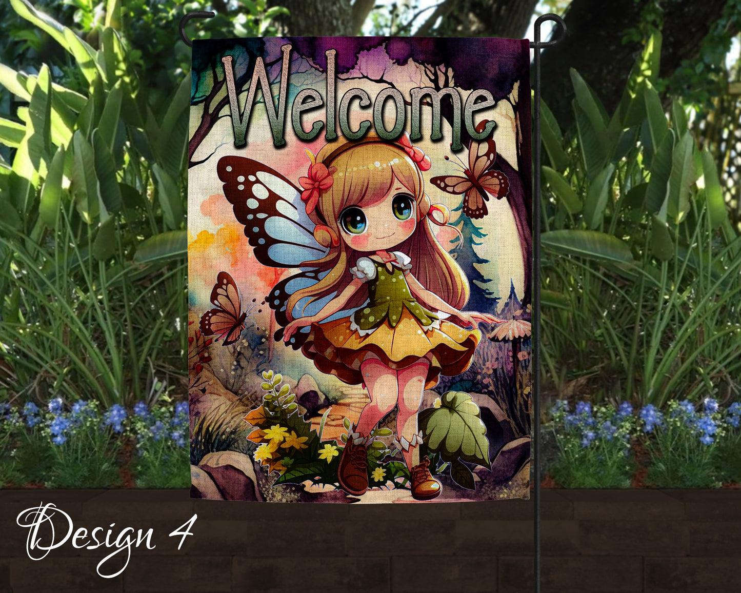 Cute Watercolor Fairy Garden Art Linen Garden Welcome Flag - 5 Design Choices