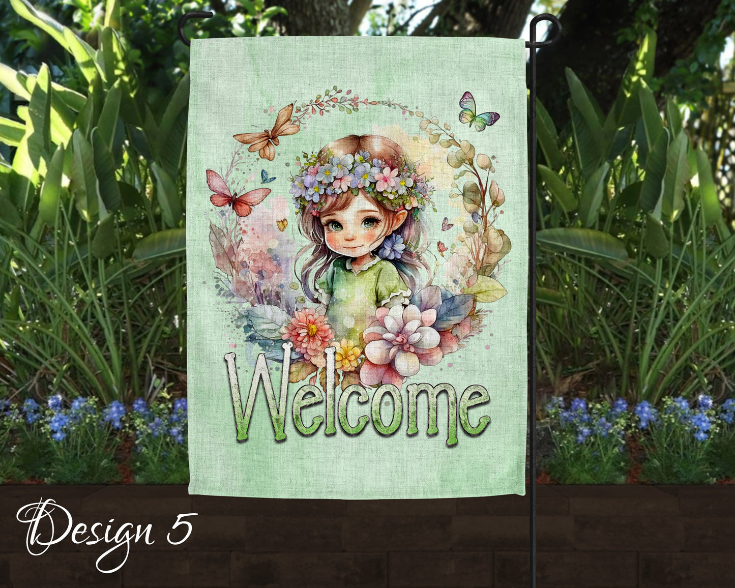 Cute Watercolor Fairy Garden Art Linen Garden Welcome Flag - 5 Design Choices