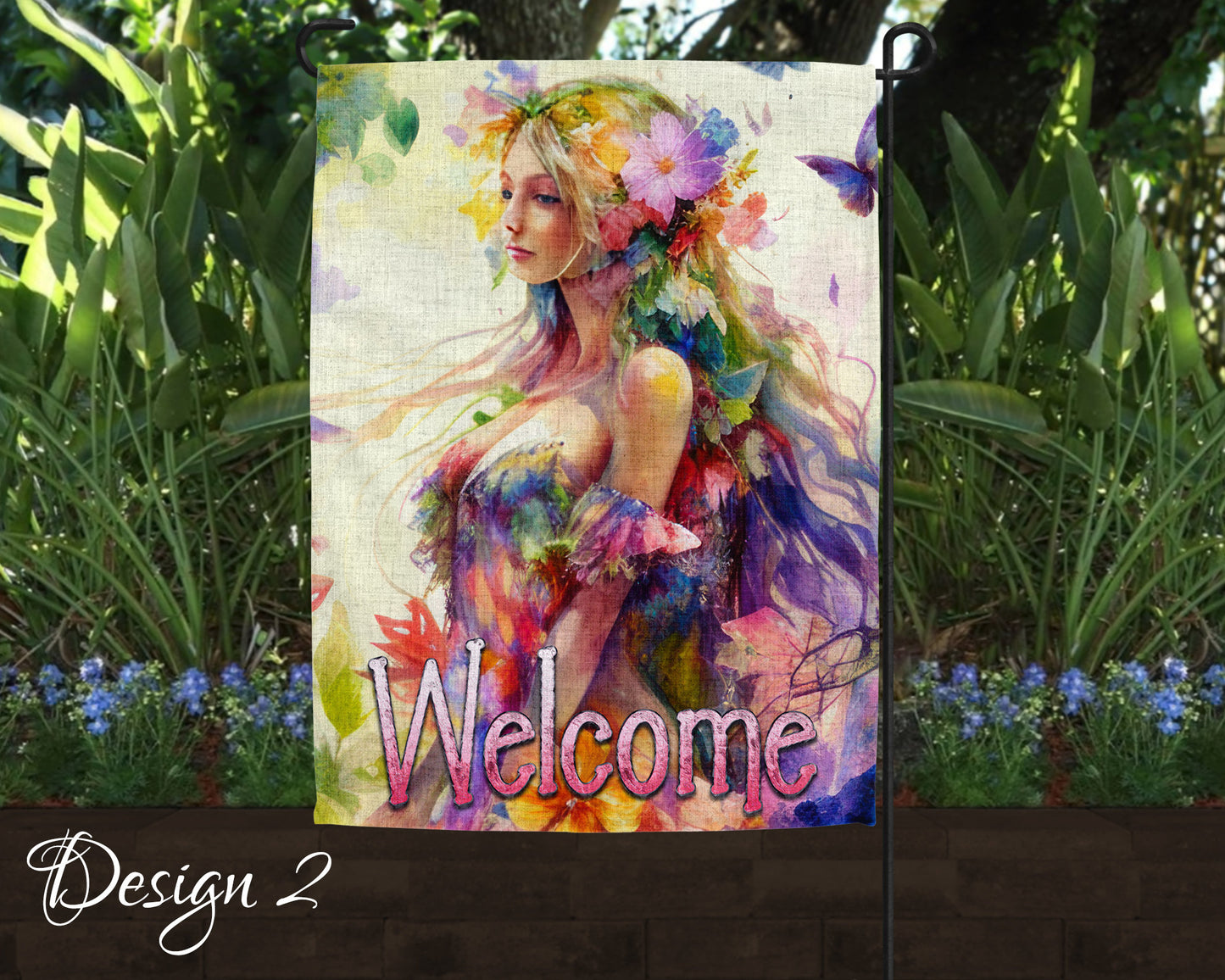 Cute Watercolor Fairy Garden Art Linen Garden Welcome Flag - 5 Design Choices