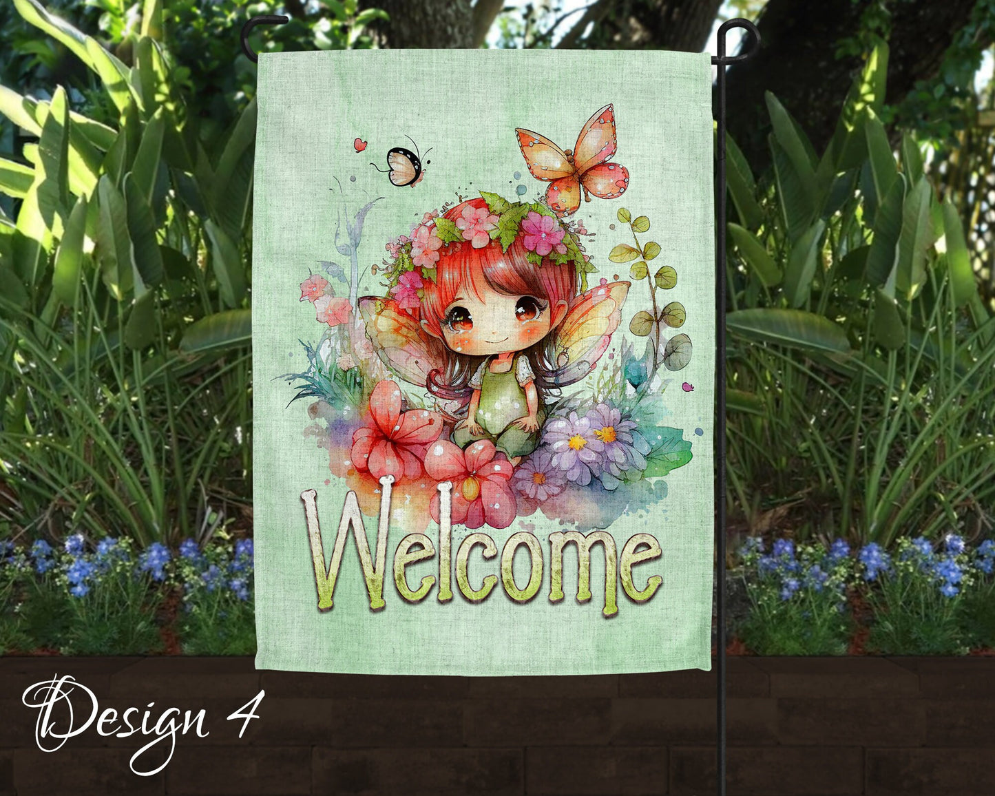 Cute Watercolor Fairy Garden Art Linen Garden Welcome Flag - 5 Design Choices