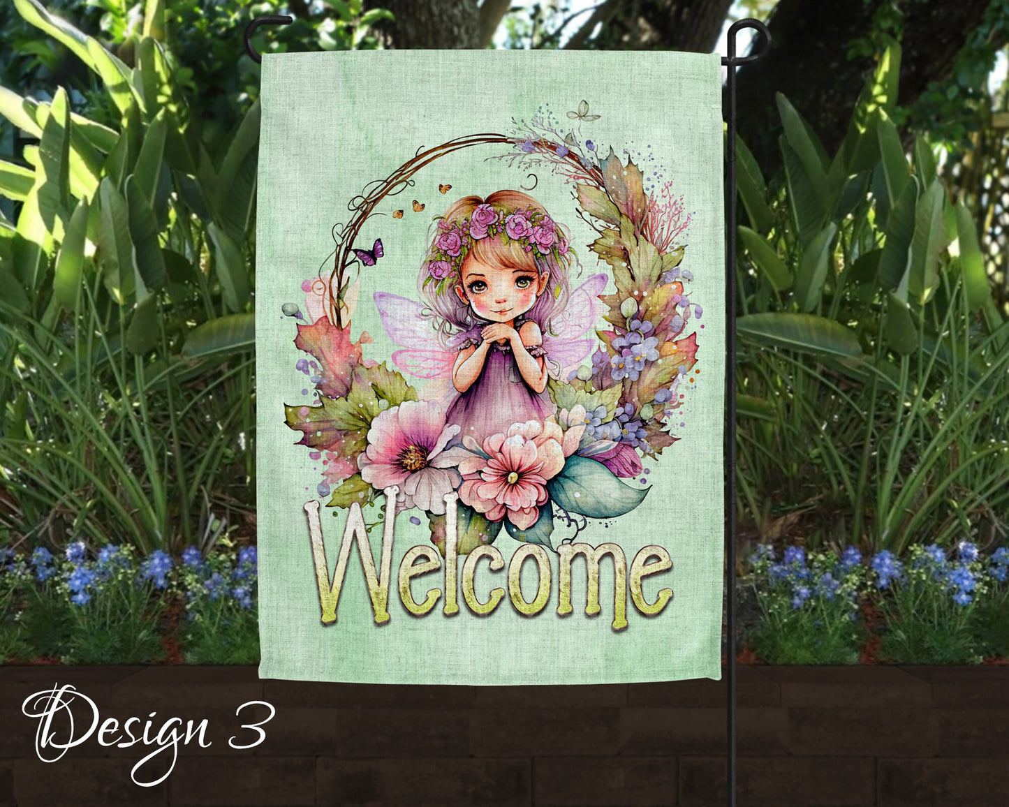 Cute Watercolor Fairy Garden Art Linen Garden Welcome Flag - 5 Design Choices