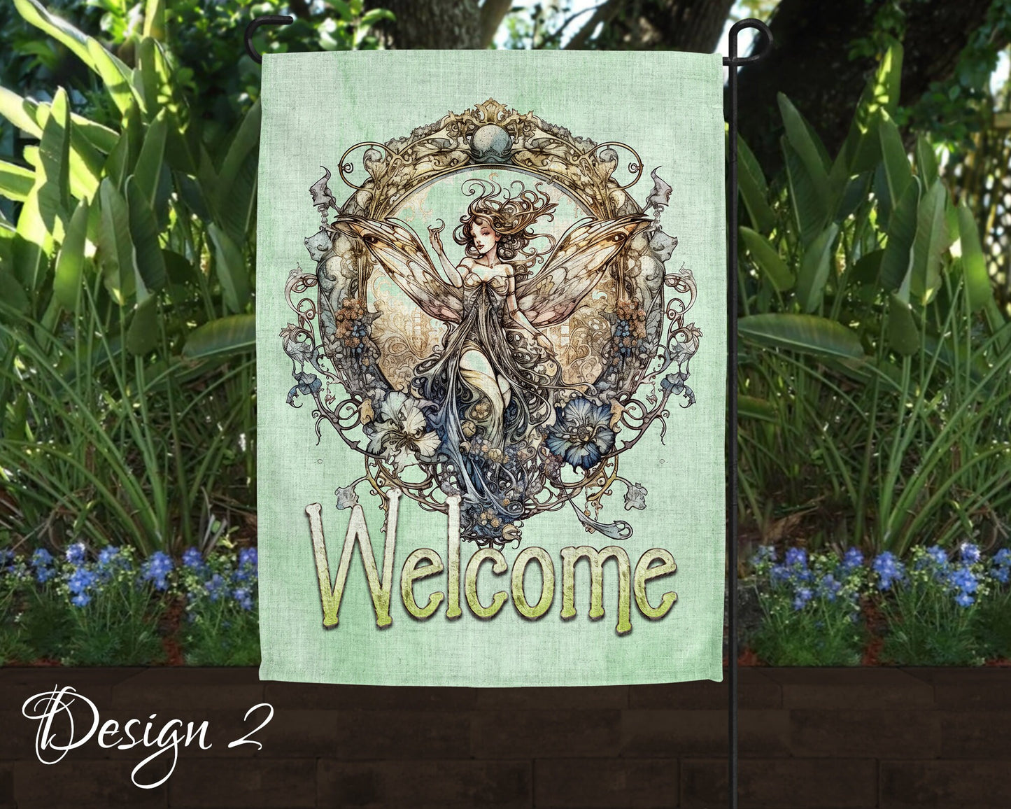 Cute Watercolor Fairy Garden Art Linen Garden Welcome Flag - 5 Design Choices