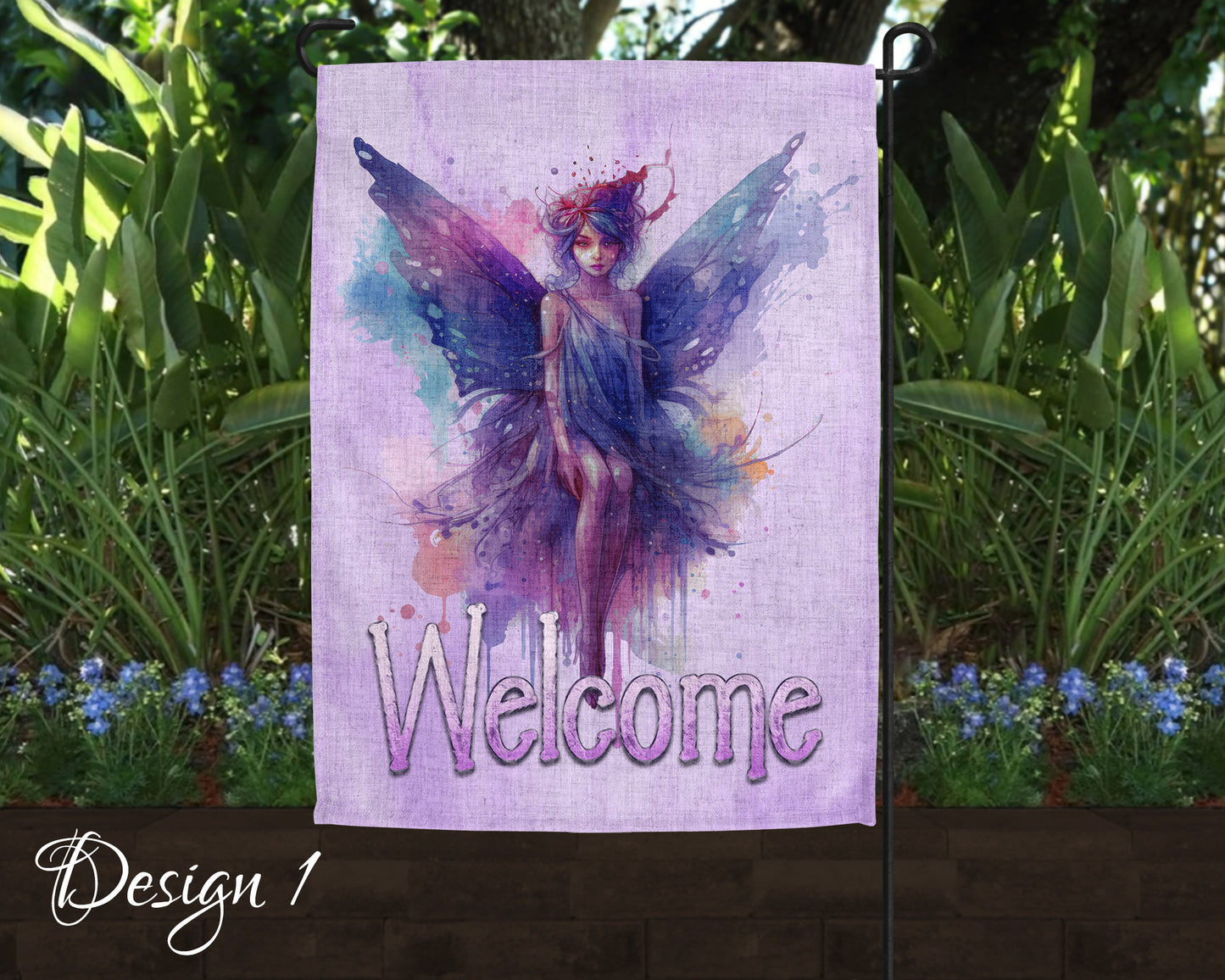 Cute Watercolor Fairy Garden Art Linen Garden Welcome Flag - 5 Design Choices