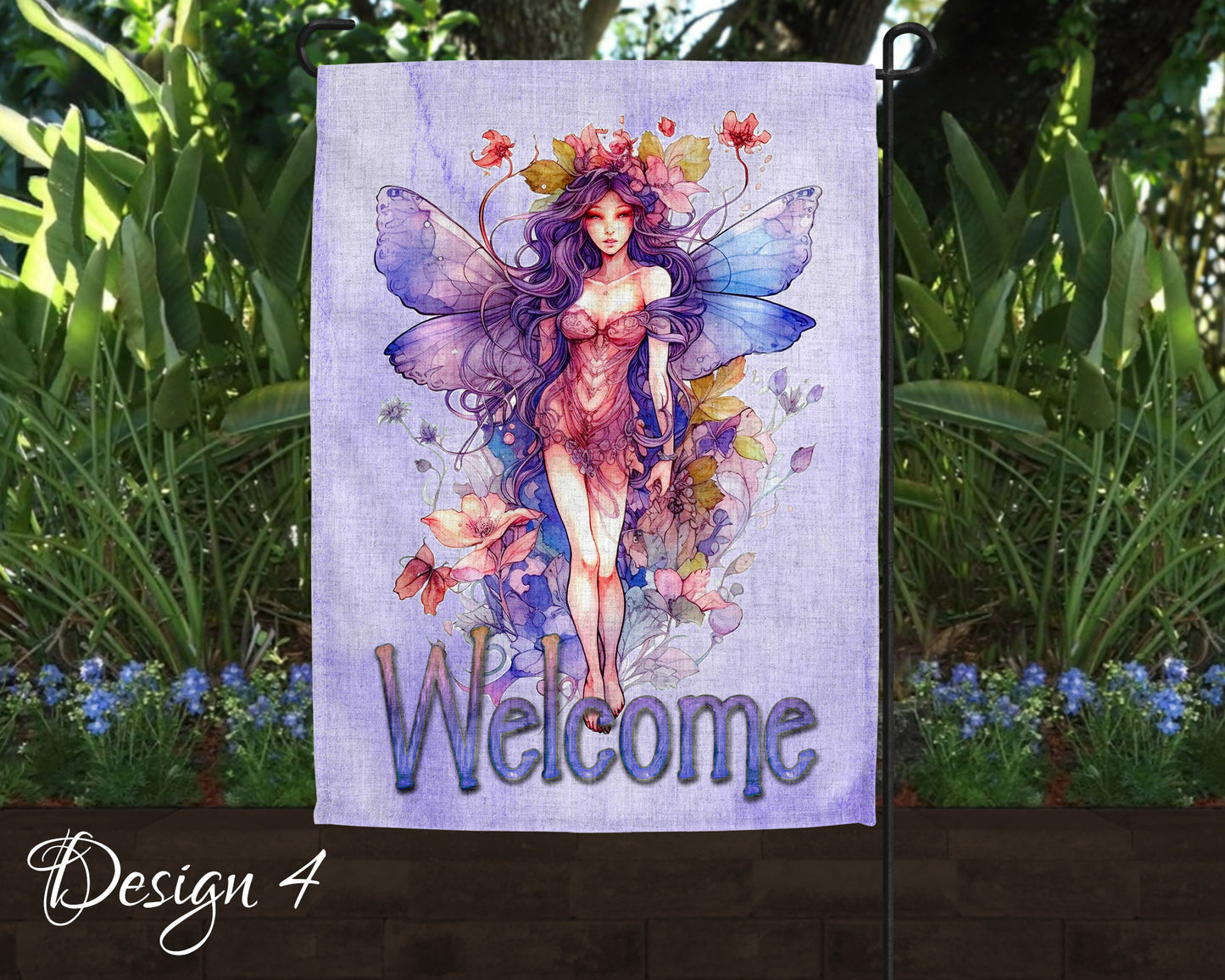 Cute Watercolor Fairy Garden Art Linen Garden Welcome Flag - 5 Design Choices