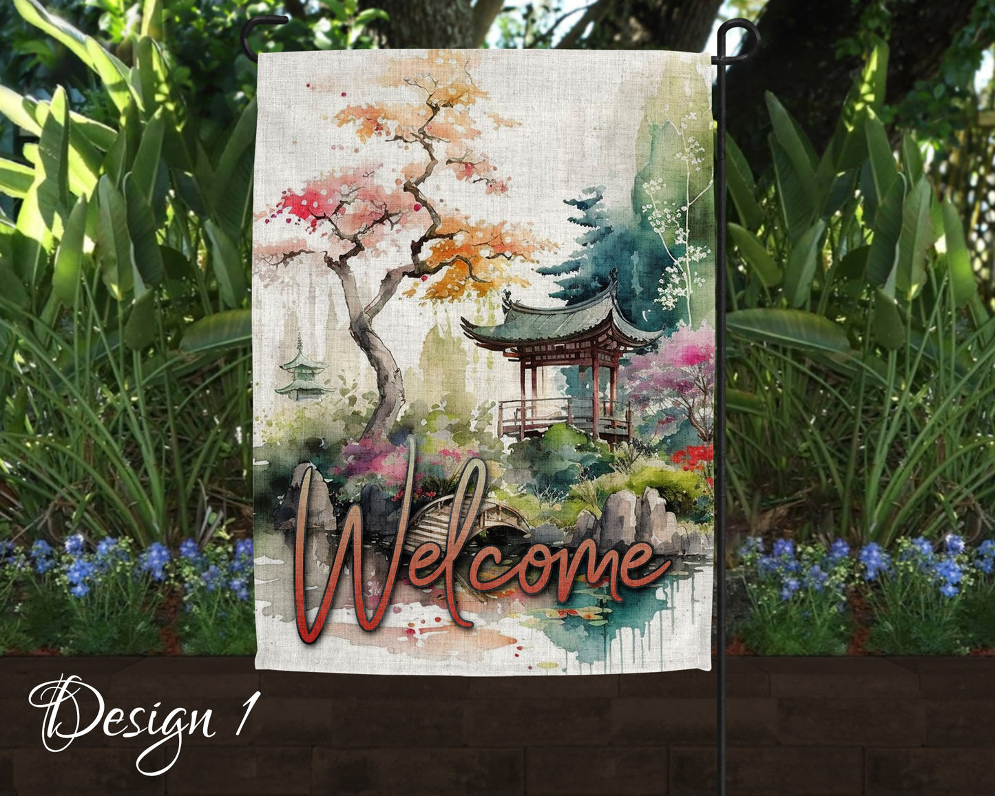 Welcome Japanese Garden Art Linen Garden Flag - 3 Design Choices