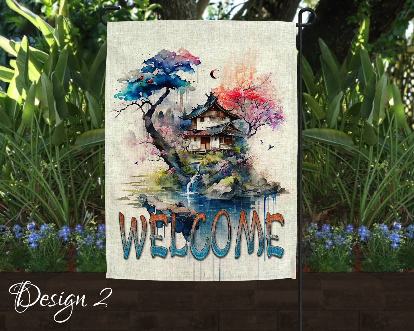 Welcome Japanese Garden Art Linen Garden Flag - 3 Design Choices