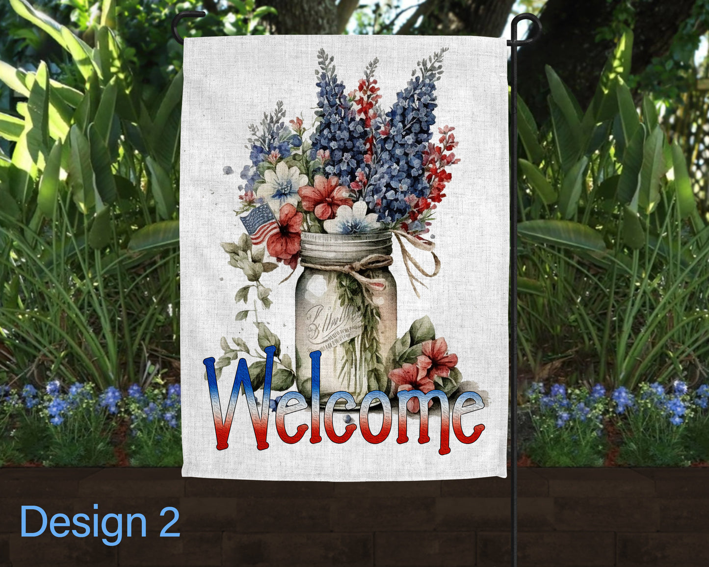 Welcome USA American Flag Floral Jar Art Linen Garden Flag - 3 Design Choices