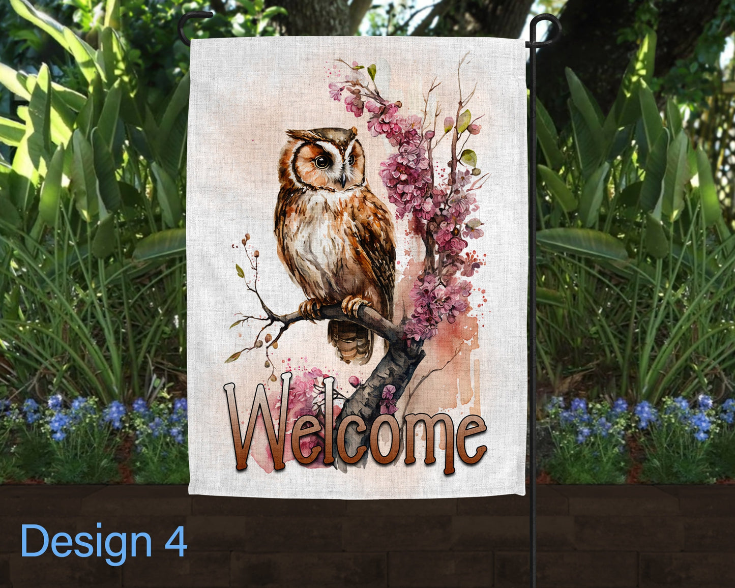 Welcome Watercolor Owl Floral Jar Art Linen Garden Flag - 4 Design Choices