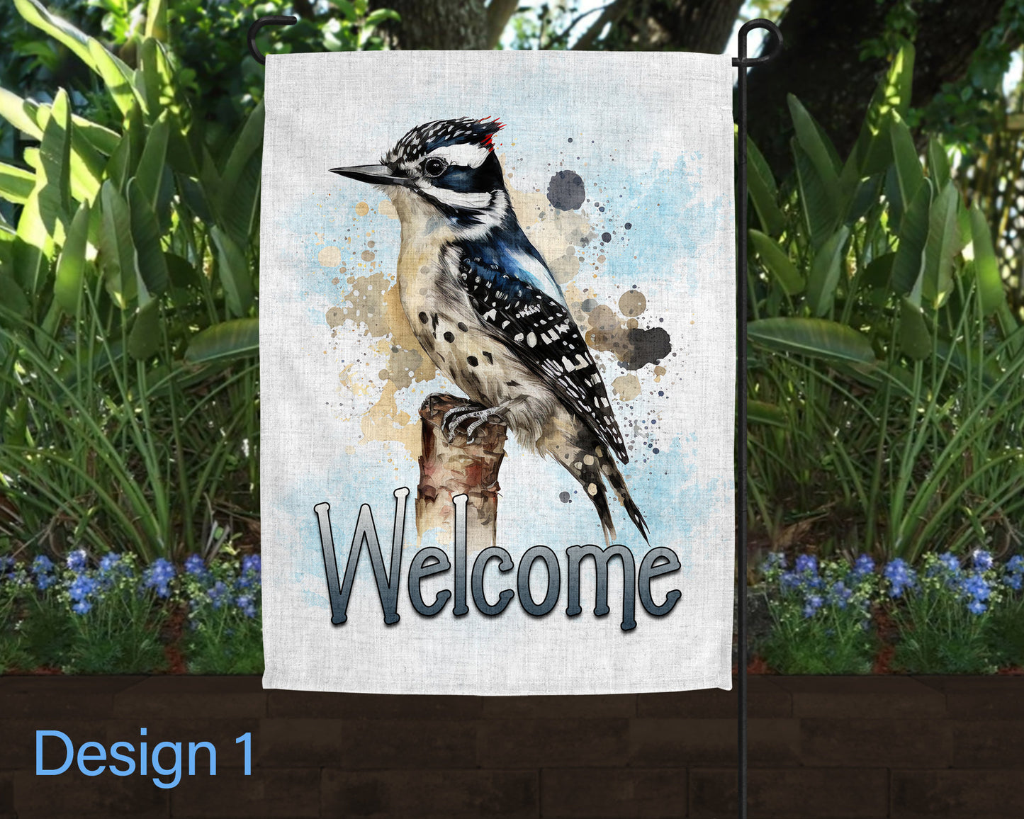 Welcome Watercolor Woodpecker Floral Jar Art Linen Garden Flag - 2 Design Choices