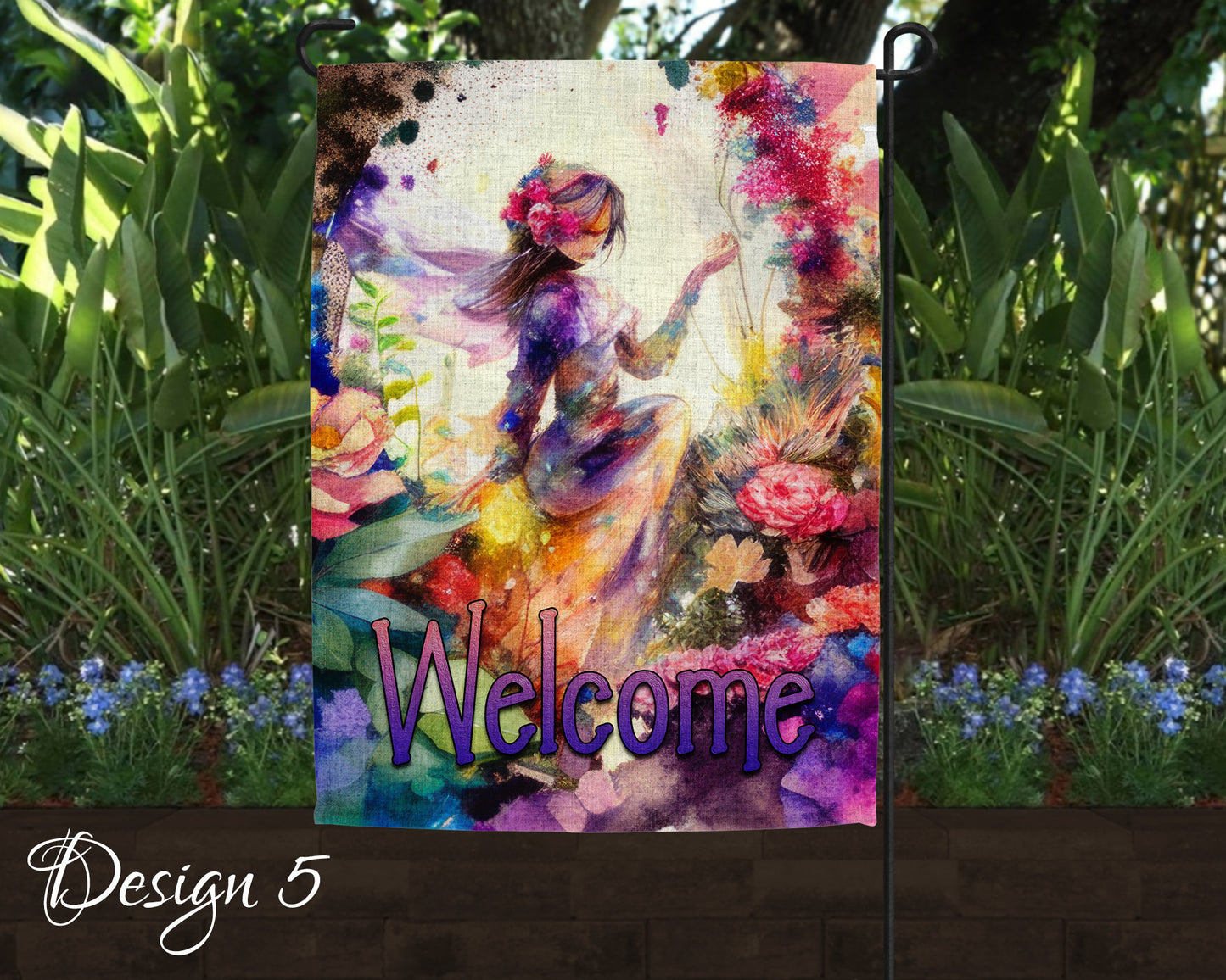 Cute Watercolor Fairy Garden Art Linen Garden Welcome Flag - 5 Design Choices