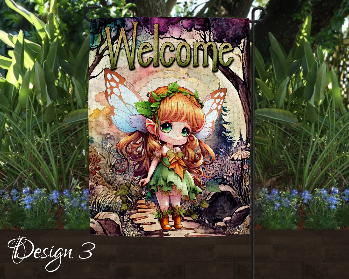 Cute Watercolor Fairy Garden Art Linen Garden Welcome Flag - 5 Design Choices