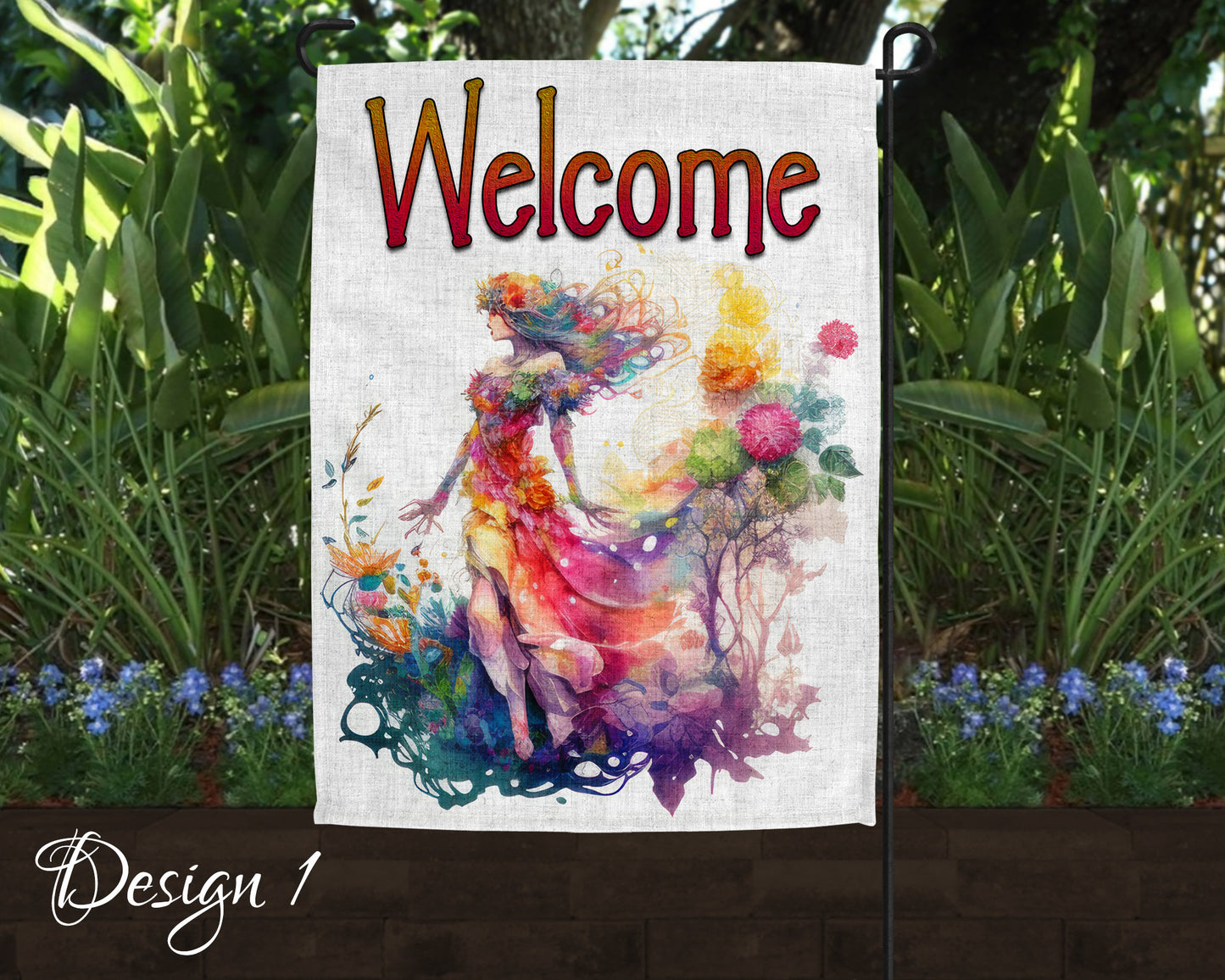 Cute Watercolor Fairy Garden Art Linen Garden Welcome Flag - 5 Design Choices