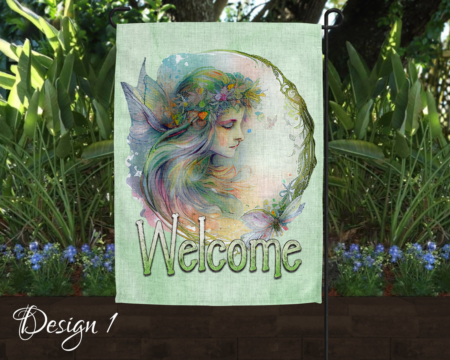 Cute Watercolor Fairy Garden Art Linen Garden Welcome Flag - 5 Design Choices