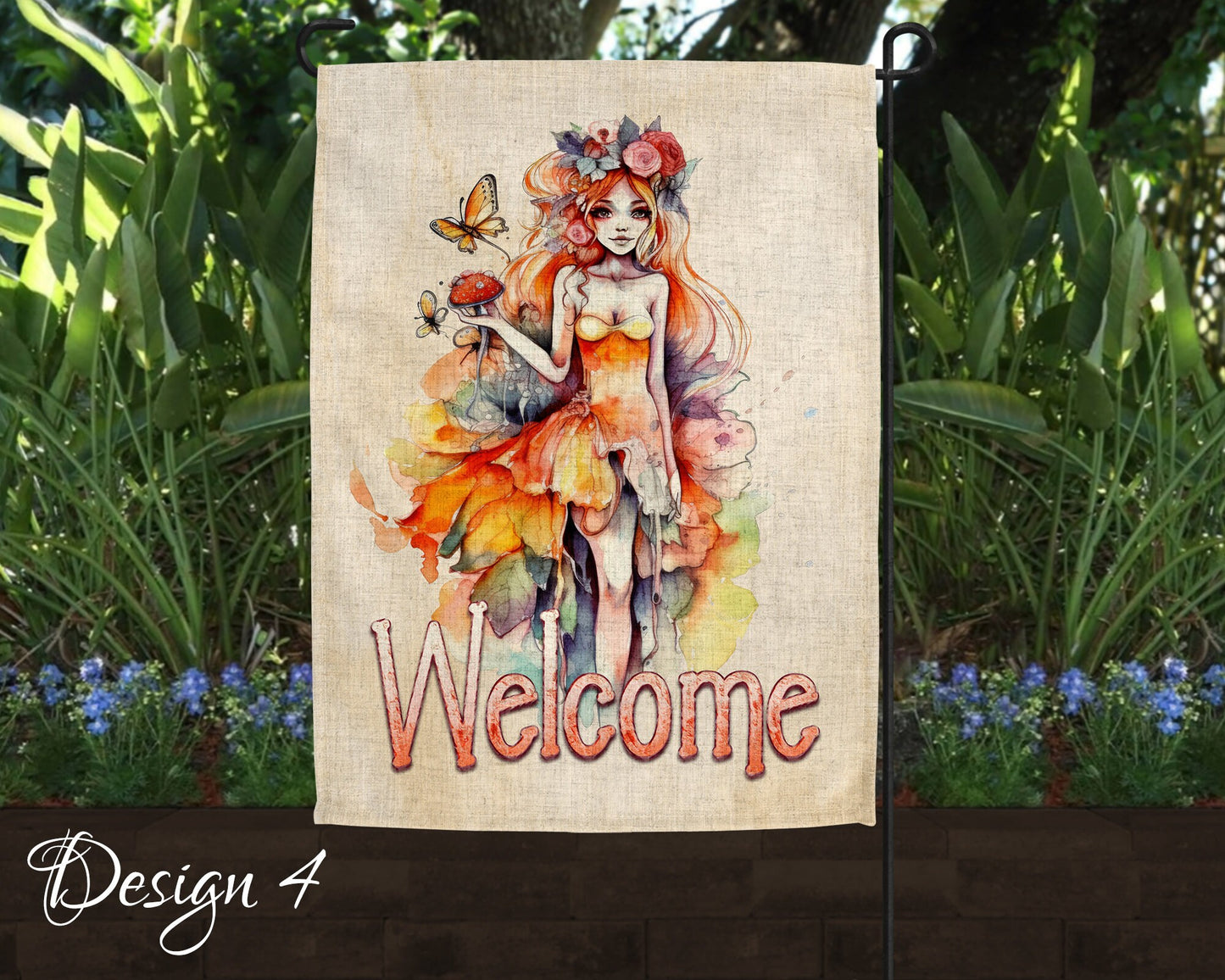Cute Watercolor Fairy Garden Art Linen Garden Welcome Flag - 5 Design Choices