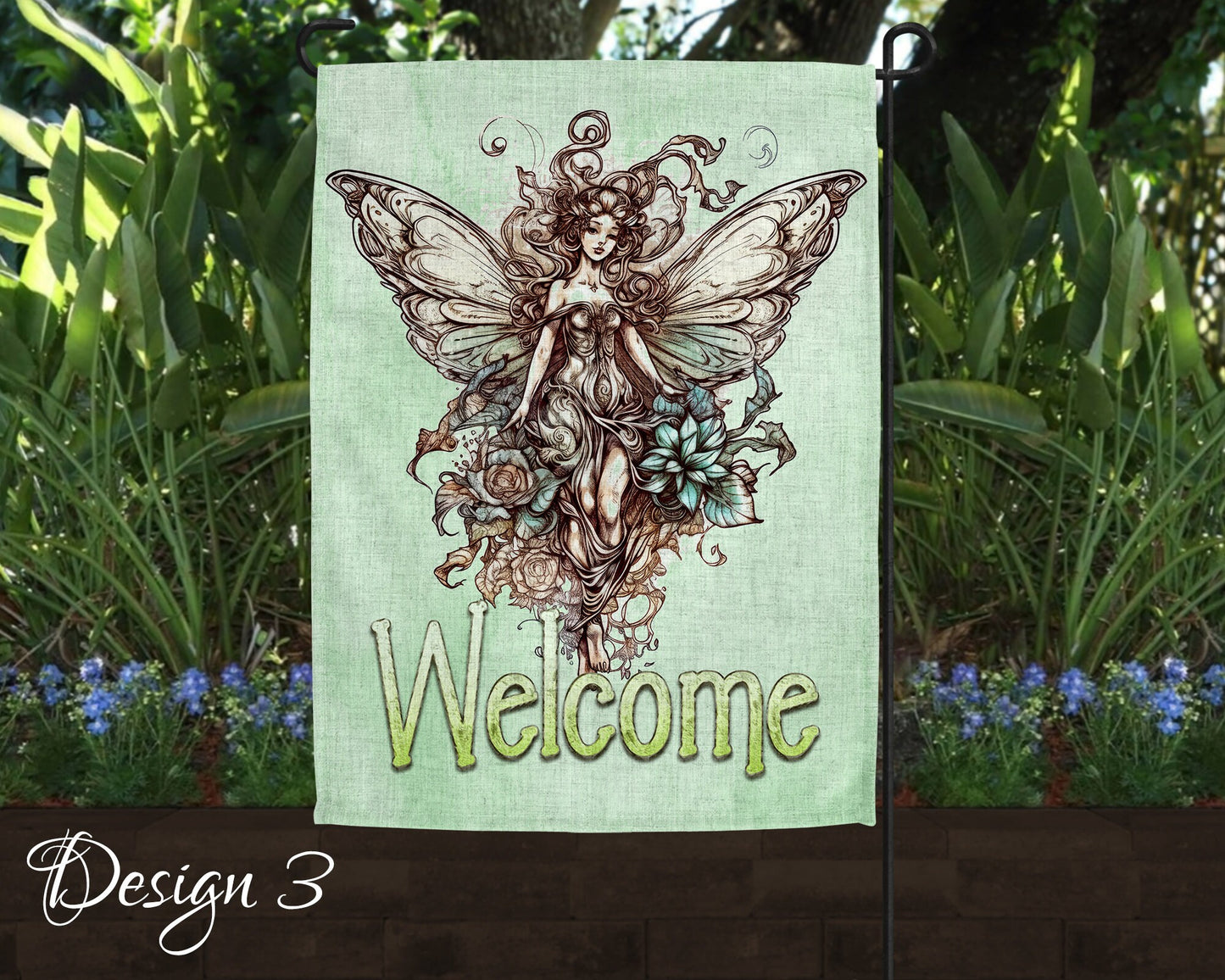 Cute Watercolor Fairy Garden Art Linen Garden Welcome Flag - 5 Design Choices