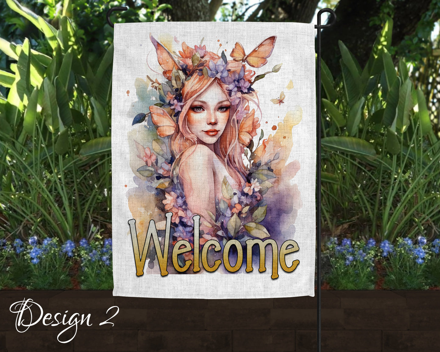 Cute Watercolor Fairy Garden Art Linen Garden Welcome Flag - 5 Design Choices