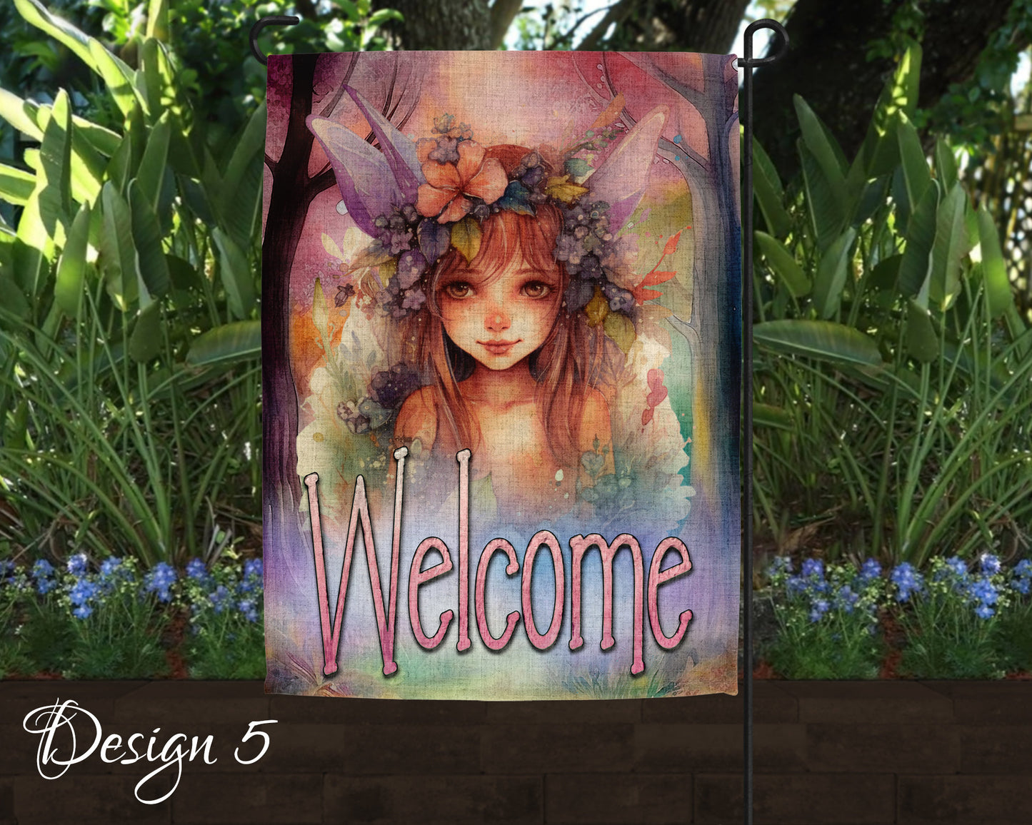 Cute Watercolor Fairy Garden Art Linen Garden Welcome Flag - 5 Design Choices