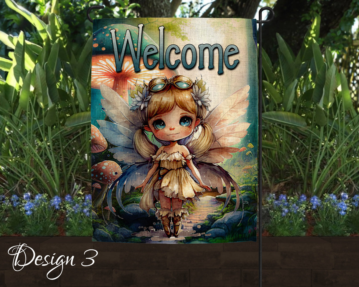 Cute Watercolor Fairy Garden Art Linen Garden Welcome Flag - 5 Design Choices