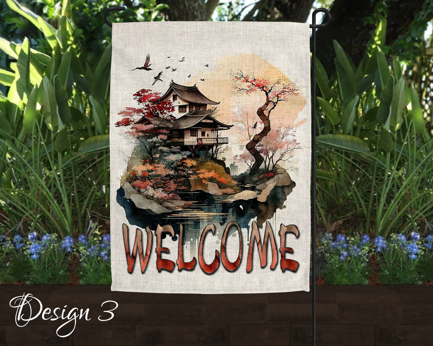 Welcome Japanese Garden Art Linen Garden Flag - 3 Design Choices