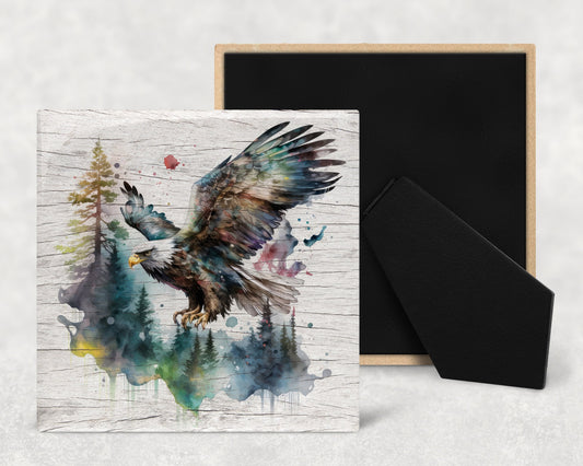 Watercolor Bald Eagle on Wood Texture Art Decorative Ceramic Tile with Optional Easel Back - Available in 3 Sizes