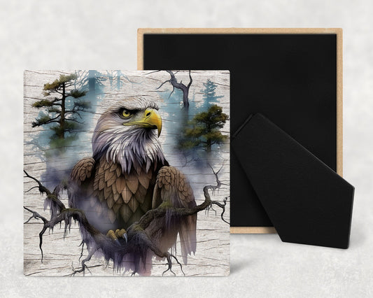 Watercolor Bald Eagle on Wood Texture Art Decorative Ceramic Tile with Optional Easel Back - Available in 3 Sizes