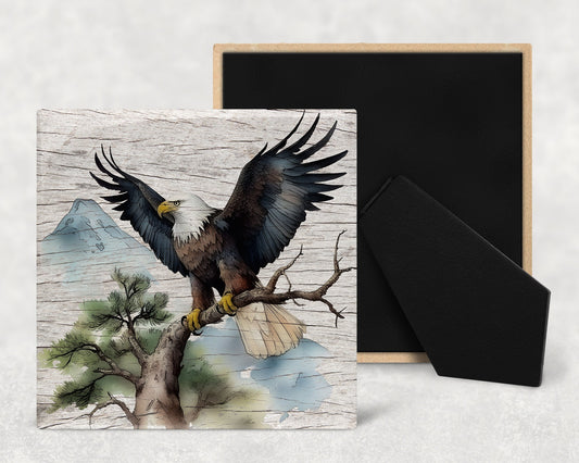 Watercolor Bald Eagle on Wood Texture Art Decorative Ceramic Tile with Optional Easel Back - Available in 3 Sizes