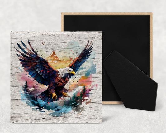 Watercolor Bald Eagle on Wood Texture Art Decorative Ceramic Tile with Optional Easel Back - Available in 3 Sizes