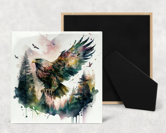 Watercolor Bald Eagle Art Decorative Ceramic Tile with Optional Easel Back - Available in 3 Sizes