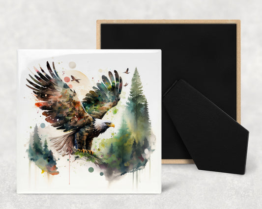Watercolor Bald Eagle Art Decorative Ceramic Tile with Optional Easel Back - Available in 3 Sizes