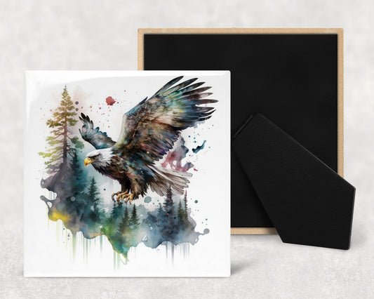Watercolor Bald Eagle Art Decorative Ceramic Tile with Optional Easel Back - Available in 3 Sizes