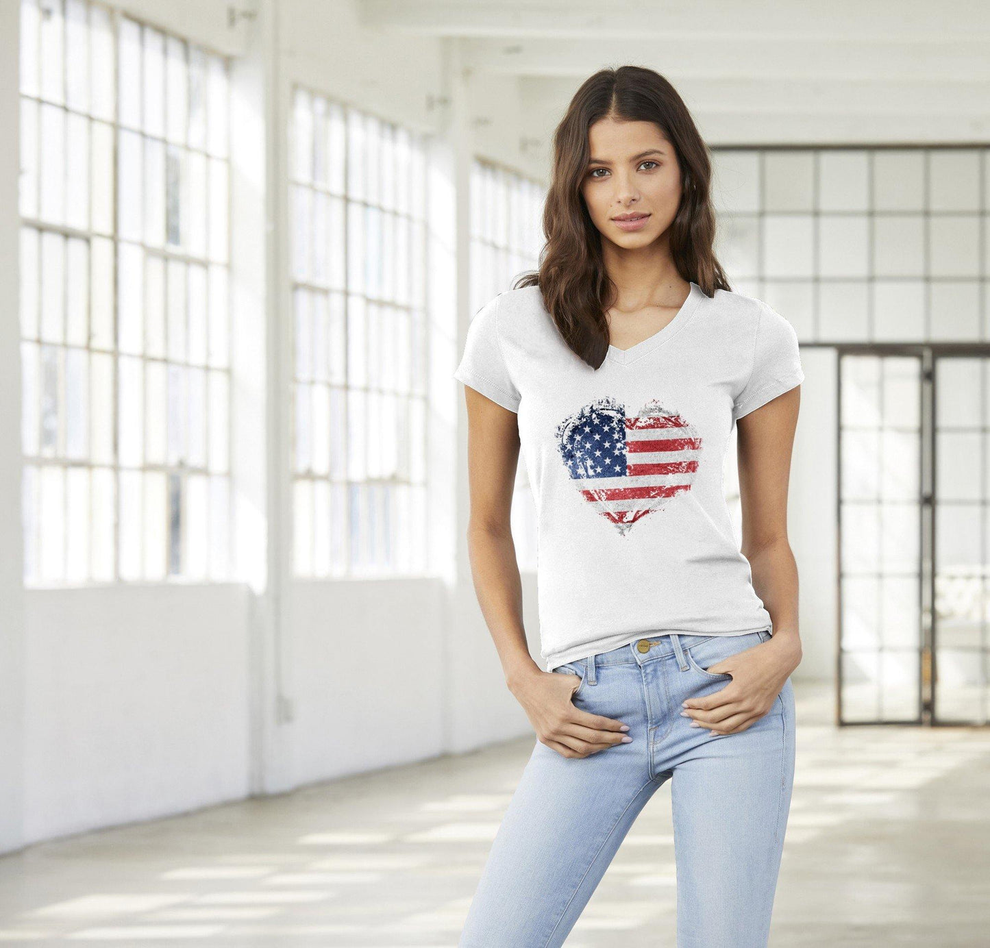 USA Flag Splatter Heart Premium Womens V-Neck T-shirt - Schoppix Gifts