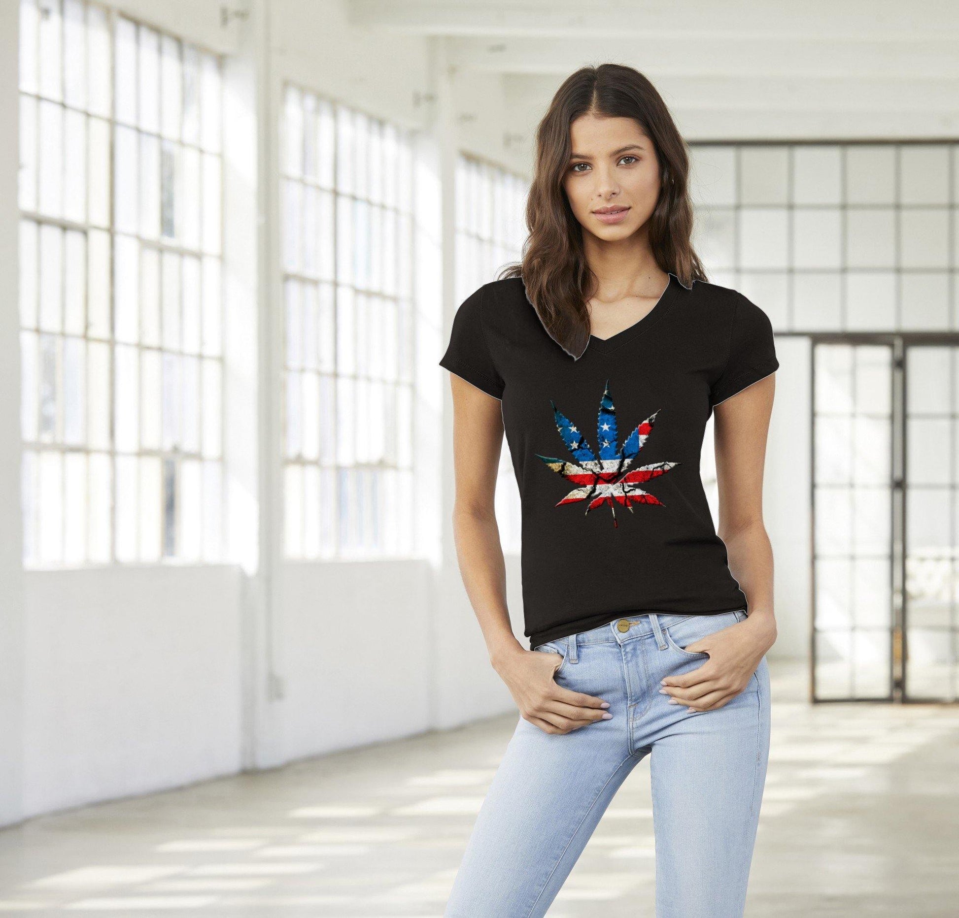 American Flag Pot Leaf Premium Womens V-Neck T-shirt - Schoppix Gifts