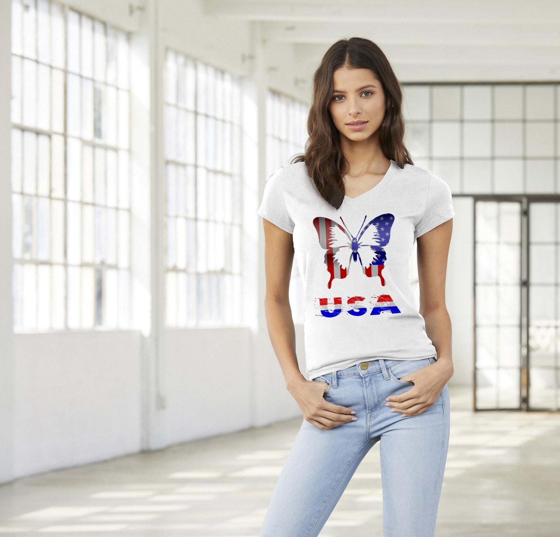 USA American Flag Butterfly Premium Womens V-Neck T-shirt - Schoppix Gifts
