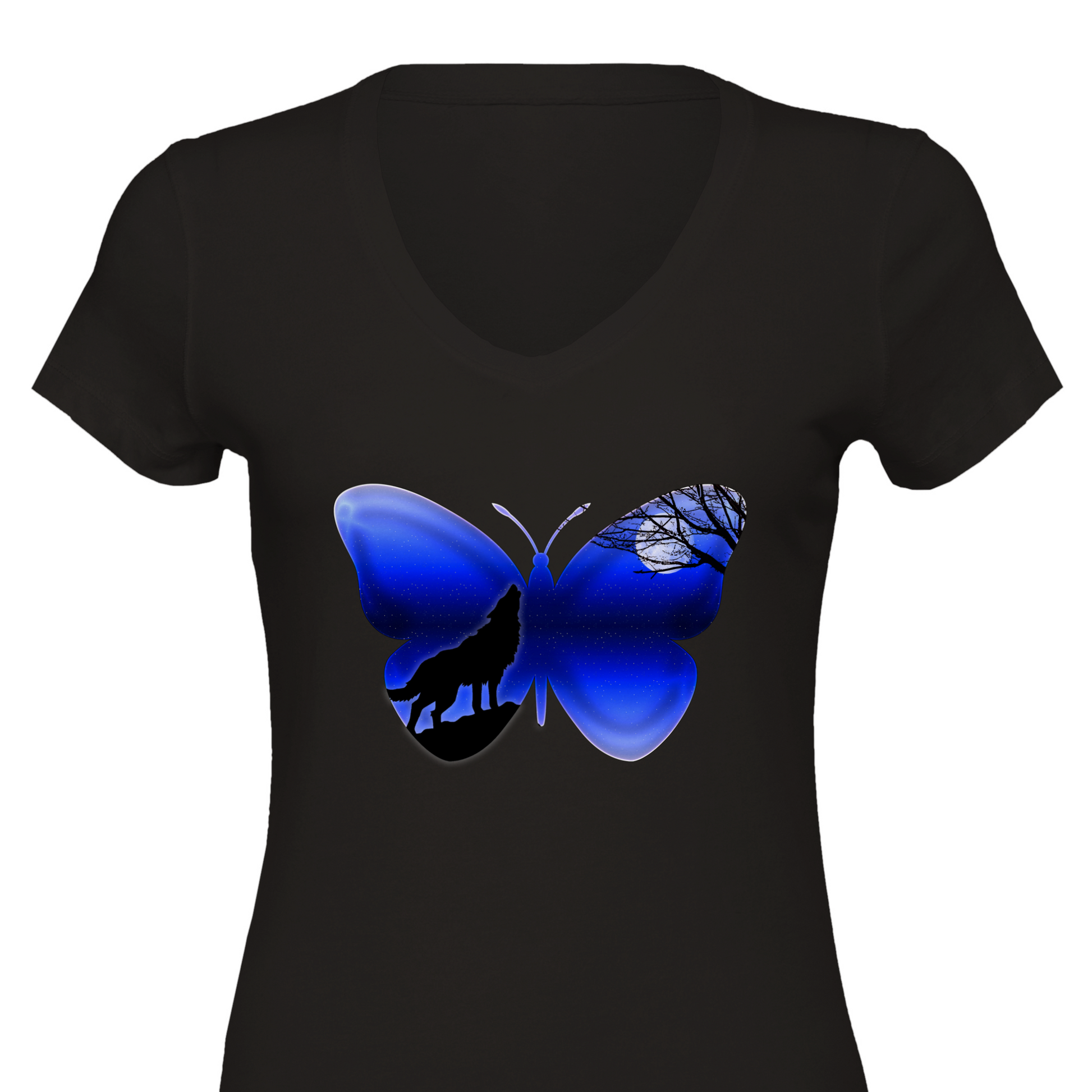 Butterfly Wolf Silhouette Premium Womens V-Neck T-shirt - Schoppix Gifts
